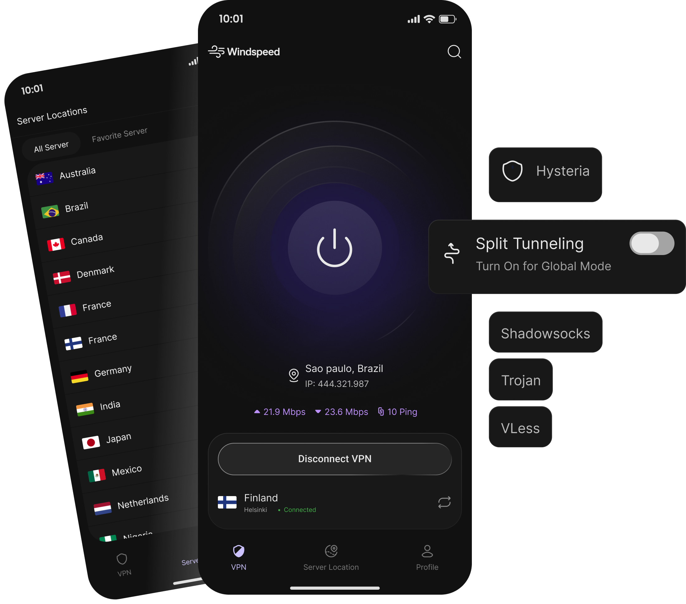 Windspeed mobile app — VPN connection, server list, and protocol options